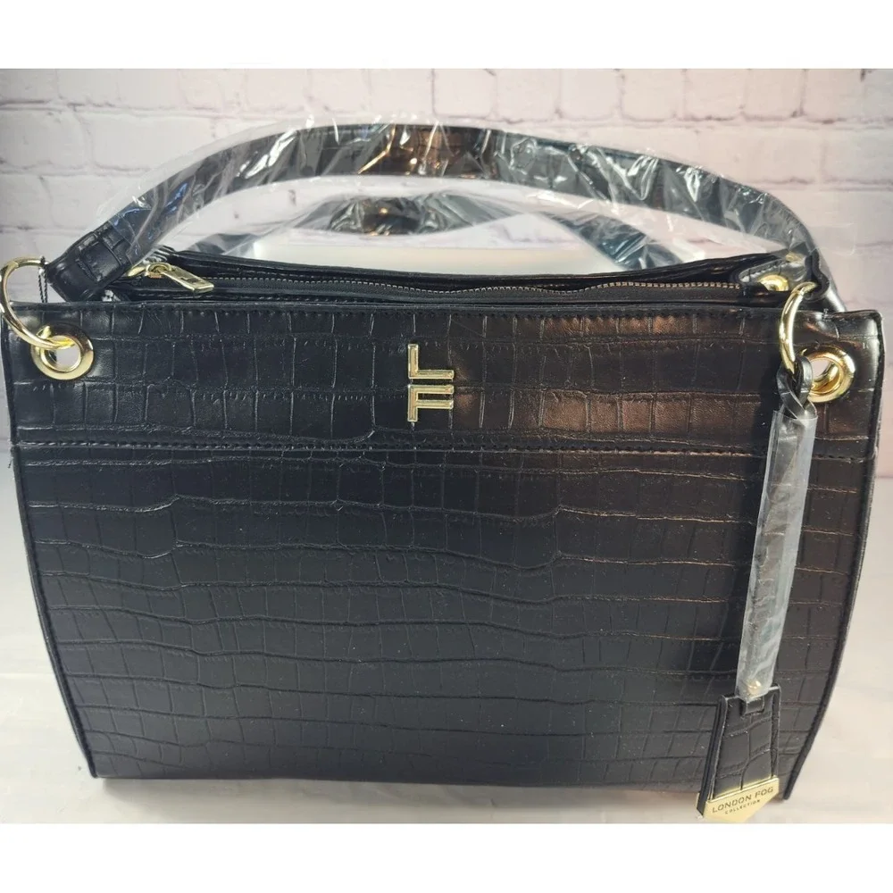 NWT $128 London Fog Brielle Faux Leather Satchel Bag Black Brielle Croco Purse